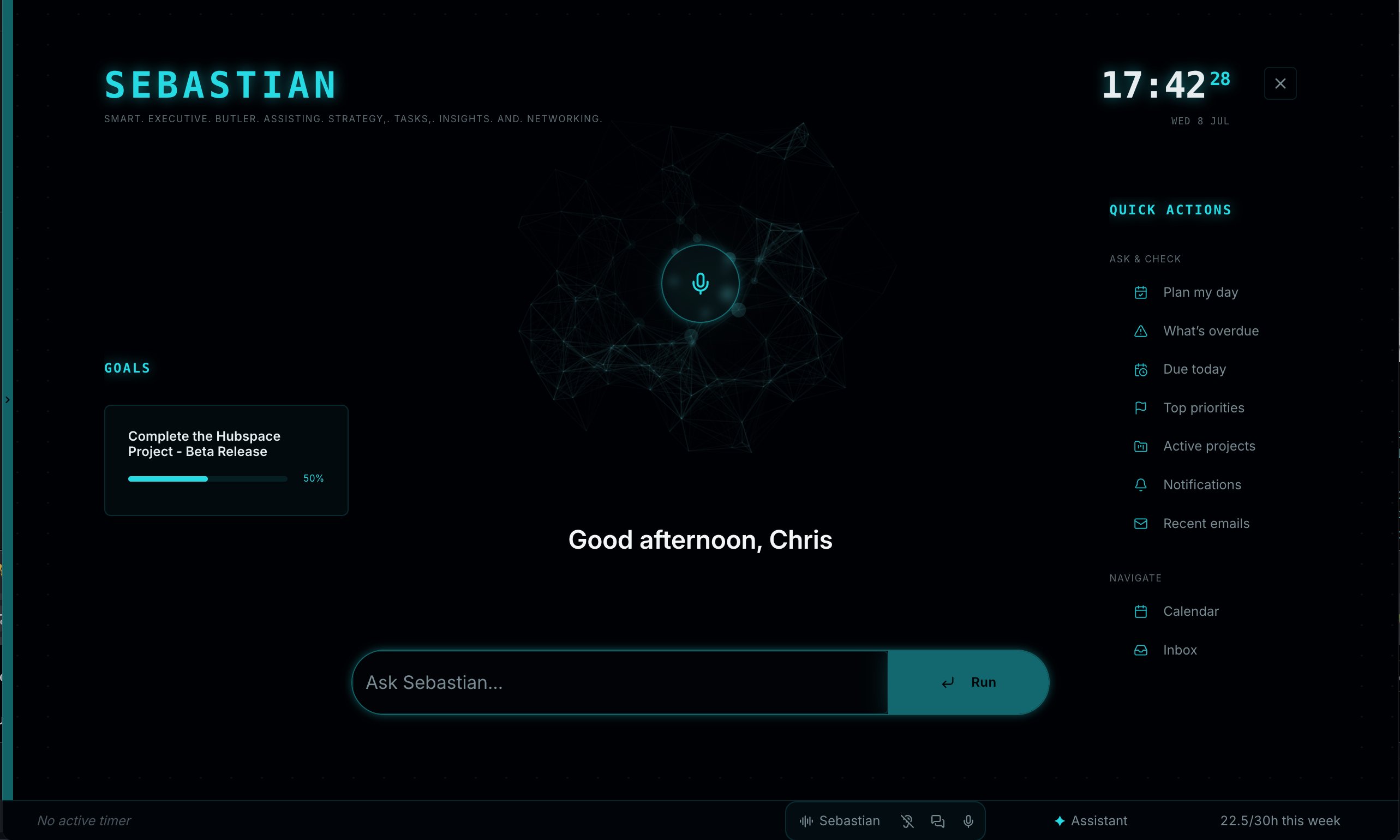 The SEBcentral desktop app — the SEB assistant screen with quick actions, goals and a voice prompt